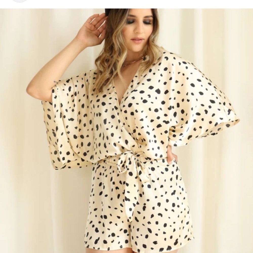 Pink Lily Dalmatian Print Satin Romper Champagne Black Kimono Sleeve Medium